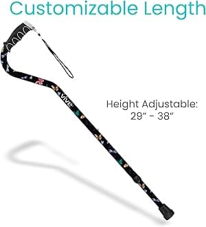 Vive Walking Cane Portable Adjustable Offset Balance Stick Lightweight & Sturdy Mobility Walker Aid For Arthritis Elderly Seniors & Handicap One Size Black Butterfly
