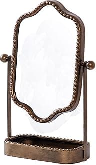 HuiDao Vintage Table Mirror with Tray, Vanity Mirror with Metal Frame, Antique Make-Up Mirror, Decorative 360° Turntable, Mirror Table for Chest of Drawers, Bedroom, Bathroom (Bronze, L-Arc)