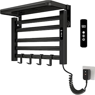 Xrrxy Wall Mounted Heated Towel Rack for Bathroom, IPX5 Waterproof Aluminum Electric Towel Warmer with Adjustable 1-9 Hour Timer, No Drill Installation, 95W Fast Heating for Shower Towels,Black