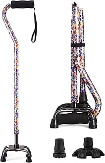 Floral Quad Cane for Women, Adjustable Walking Canes with 3-in-1 Interchangeable Base(3 Tips) for Versatile Support, Stylish & Stable Mobility Aid for Seniors Confidence