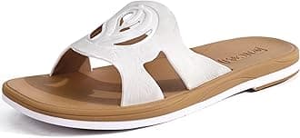 ONCAIWomen's Flat Sandals 2025 Fashion Summer Dressy Casual Beach For Woman Square Toe Comfy Cushion Vacatio Outfits Slip On Ladies Glitter Slides White/Khaki Size 5