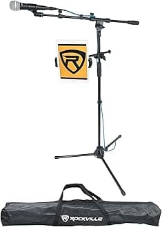 Rockville RVMIC5 V2 Pro Audio Tripod Microphone Stand, Telescopic Boom, Tablet/Phone Holder, Adjustable, Steel, Perfect for Studio & Live Performances