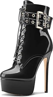 Aachcol Womens Stiletto High Heel Platform Ankle Boots Round Toe Lace-up Zipper Mid Calf Buckle Patent Leather Dress Booties