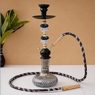 Traditional Glass Hookah Set with Decorative Stem, Brown Woven Hose, 15 inch Height black