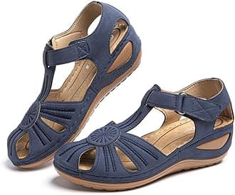 Hitmars Women Sandals Wedge Comfortable Ladies Strap Platform Vintage Closed Toe Soft Wide Fit Summer Sandal Slip on Black Brown Blue 3-9 UK