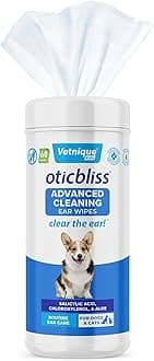 Vetnique Oticbliss Cat & Dog Ear Wipes - Dog Ear Infection Treatment or Dog Ear Cleaner Wipes for Dirty, Waxy, Smelly Dog Ears, Odor Control with Aloe Vera & Salicylic Acid (X-Lg Ear Cleaning Wipes)