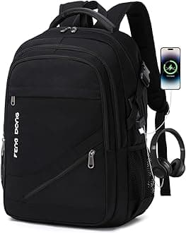 FENGDONG Durable Waterproof Travel Laptop Backpack 17.3 inch,Large College Backpack Bookbag for Men & Women Business Backpack with USB Charging Port and Headset Port Black