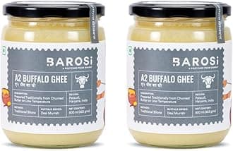 Barosi A2 Buffalo Ghee 1 litre (Pack of 2 * 500ml) | Churned with Bilona Method | Pure & Aromatic Desi Ghee | Farm Made in Small Batches | Glass Jar Packing