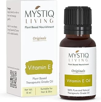 - Mystiq Living Vitamin E Oil for Face, Hair & Skin, Nails, Pore tightening - 15 ML | 100% Plant Based, Pure & Natural With Dropper | Non Sticky | Light Weight | All Skin Types