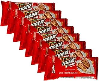 Tiger Glucose Biscuits Family Pack 1.76oz (50g) - Healthy & Delicious - Kids Breakfast & Tea Time Snacks (Pack of 8)