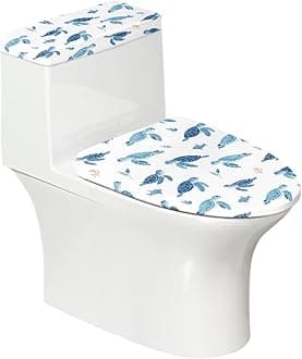 Cute Sea Turtle Pattern Toilet Lid Dust Cover & Toilet Tank Lid Cover for Bathroom Machine Washable Anti-Slip with Elastic Edge