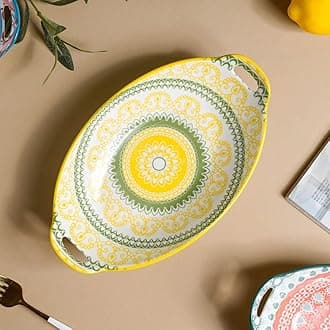 - Ceramic Serving Platter with Handles | Yellow Mandala Print Microwave & Dishwasher Safe Serveware | Ideal for Serving Snacks, Appetizers, Salads, Starters & Noodles (10.8 Inch)