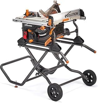 Evolution Power Tools R255TBLX Table Saw With Stand (Next Gen Rage 5-S) Multi-Material Cutting Blade Included Cuts Wood Metal Plastic, 45˚ Bevel, +/- 60˚ Mitre Angle, 85mm Cut Depth, 1650w Motor, 240v