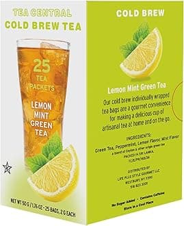Life Plus Style Gourmet TEA CENTRAL Lemon Mint Green Tea Organic Ceylon Iced Green Tea Lemon Iced Drink Peppermint Cold Brew Tea Bags Refreshing Natural Flavored Wellness Tea Beverages 25 Tea Bags