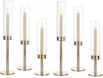 - Hewory Gold Candle Holders Hurricane Candlestick Holders, 6Pcs Candle Stick Candle Holder Candelabra, Taper Candle Holders with Glass Candle Cover for Wedding Table Centerpiece Christmas Decor
