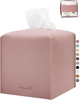 Tissue Box Cover 5X5X5'' PU Leather Tissue Holder Square Tissue Cube Box Organizer for Bathroom Vanity Countertop, Car, Night Stands, Office, Home, Kitchen (1Pack, Pretty Pink)