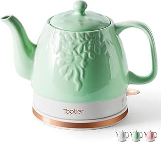 Electric Ceramic Tea Kettle, Boil Water Quickly and Easily, Detachable Swivel Base & Boil Dry Protection, Carefree Auto Shut Off, 1 L, Green Leaf