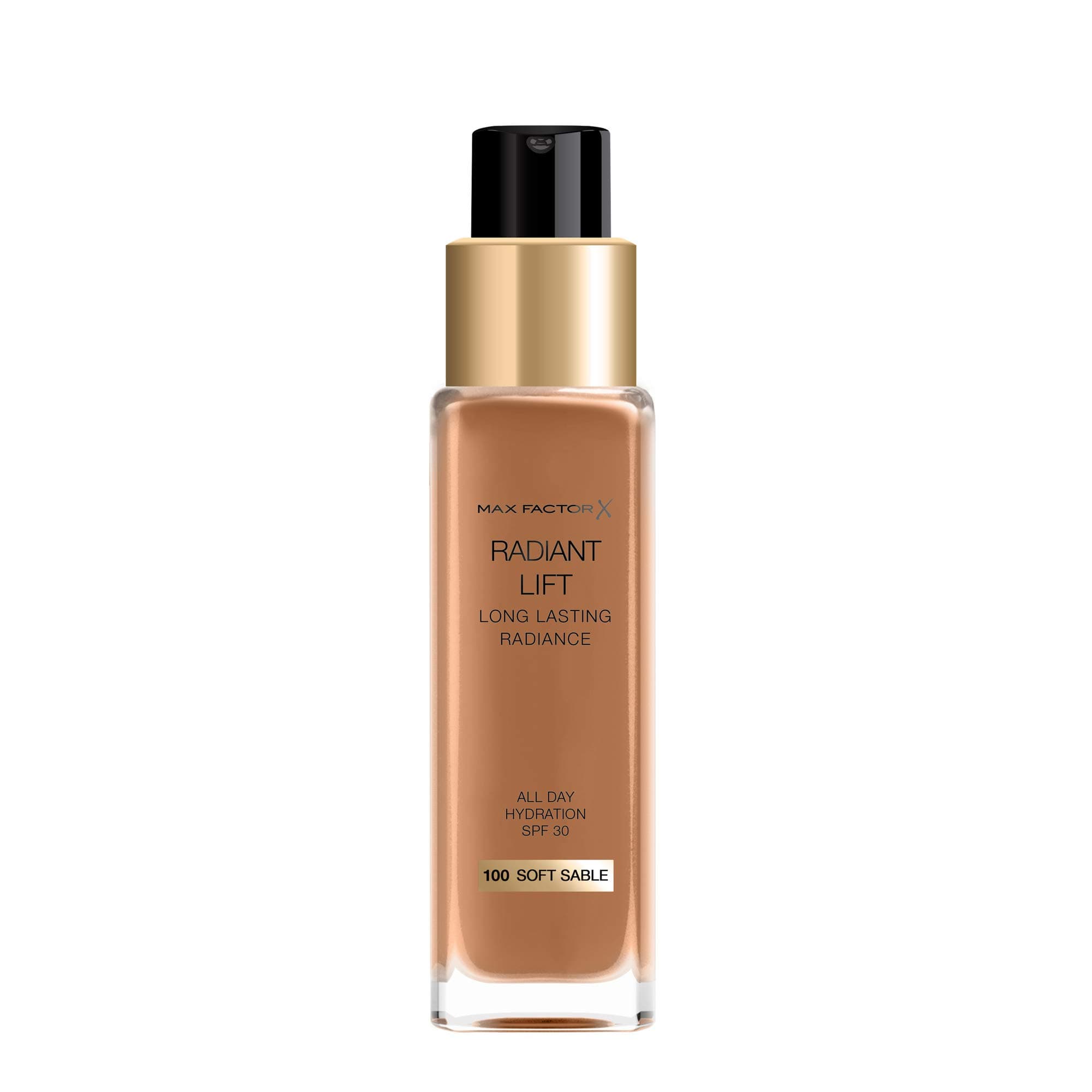 Max Factor Radiant Lift Liquid Pump Medium to Full Coverage Radiant Finish Foundation with SPF30 and Hyaluronic Acid, 100 Soft Sable, Dark Skin Tone, 30ml