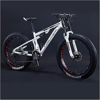 Mountain Bikes Men 26 Inch Adult Fat Tyre Mountain Bike with Full Suspension, High-carbon Steel Large Frame Dual Disc Brake Giant Bicycle,White Spoke,7 Speed
