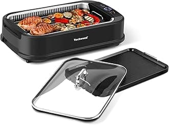Techwood Indoor Grill Smokeless Grill, Electric Korean BBQ Grill with Glass Lid, Turbo Smoke Extractor Technology, Dishwasher-Safe Drip Tray & Nonstick Grilling Removable Plate, Black, 1500W
