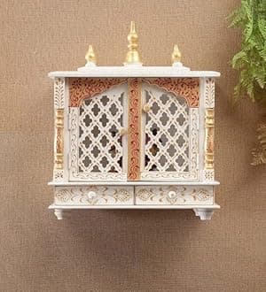 Kamdhenu art and craft Wooden Temple Home Temple Pooja Mandir Pooja Mandap Temple for Home (Gold & White)