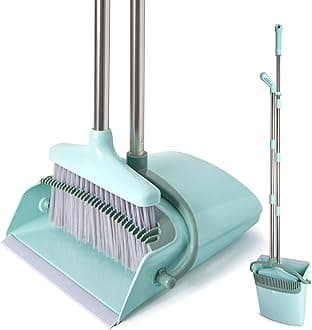 Broom and Dustpan Set with Cleaning Teeth, 55" Long Handle Indoor Sweeping Combo for Home Office Kitchen, Bluish Green