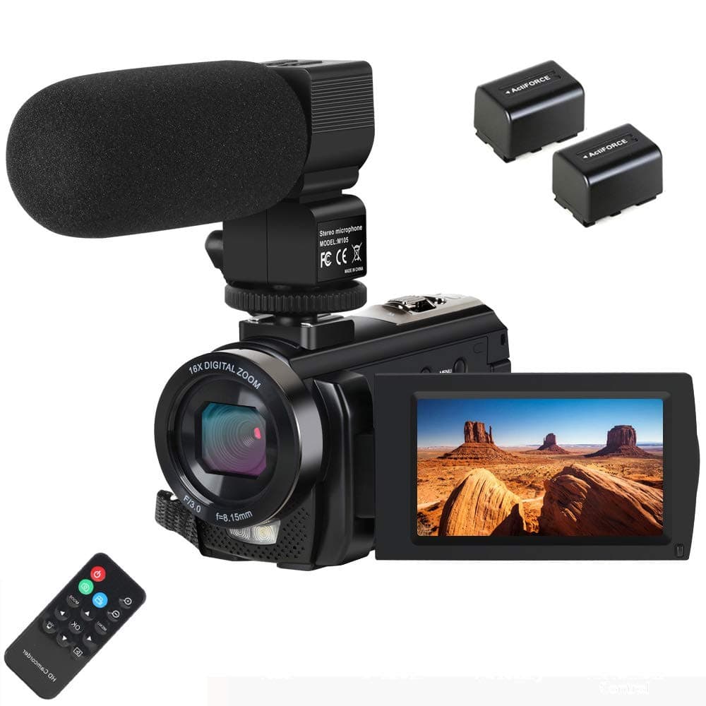 Video Camera Camcorder,Actinow Digital Camera Recorder with Microphone HD 1080P 24MP 16X Digital Zoom 3.0 Inch LCD 270 Degrees Rotatable Screen YouTube Vlogging Camera with Remote Control,2 Batteries
