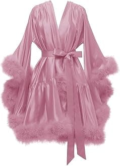 Changuan Womens Feather Robe Silk Satin Bridal Robe Wedding Dressing Gown Bridesmaid Robes Lingerie Bathrobe Sleepwear Dusty Rose Small-Medium