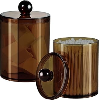 SheeChung 2 Pack Acrylic Qtip Holder,Amber Canister Apothecary Jars with Lids,10oz Qtip Dispenser Bathroom Set,Clear Plastic Vanity Storage Canisters for Cotton Swabs,Balls,Pads