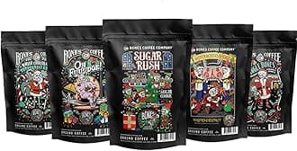 Bones Coffee Company Holiday Sample Pack 5 Assorted Flavored Coffee Low Acid Medium Roast Arabica Beans Specialty Coffee Gifts, Auto Drip and French Press Compatible, 4 oz Pack of 5 Whole Bean
