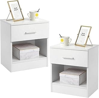 Karl home Modern White End Table Set of 2, Bedside Table with 1 Drawer & Shelf, Wood Nightstand for Bedroom, Living Room, 15.35 x 11.42 x 16.14 inches, White