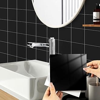 Hode 50 Pieces Black Self Adhesive Wall Tiles, 15x15cm Stick on Tiles, Black Kitchen Bathroom,Vinyl Wrap for Wall, Self Adhesive Wallpaper Waterproof (Glossy)