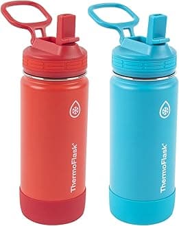 Double Wall Vacuum Insulated Stainless Steel Kids Water Bottle with Straw Lid, 16 Ounce, 2-Pack, Red/Blue