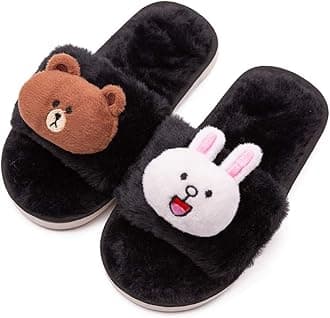 techcity Boys Girls Fuzzy House Slippers Cute Comfy Faux Fur Slip On Fluffy Plush Open Toe Home Slides for Kids Indoor Outdoor Warm Shoes