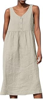 Spring Summer Dresses for Women 2025 Casual Quarter Button V Neck Sleeveless Dress Cotton Linen Comfort Soft Dress