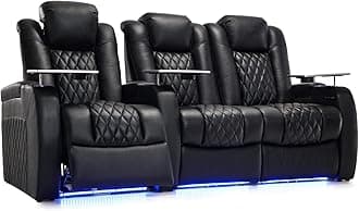 - Weilianda Home Theater Seating Top Grain Leather Zero Gravity Recliner Chair Power Headrest Recline Movie Seat Gaming 7 Colors Mood Light Sofa with Tray Table USB Charge Row of 3 Loveseat Right Black