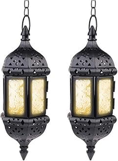 2 Pcs Hanging Candle Lantern Moroccan Chandelier Retro Candle Holder Moroccan Vintage Metal Hollow Wedding Hanging Candle Holders Lantern Contain 13.8 inches Chain, Black