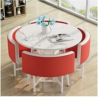 HHII redRound Dining Table and Chair Set 1 Table and 4 Chairs Vintage Leather Lounge Chair Office Reception Room Negotiating Table Cafe Library Lounge Cocktail Table