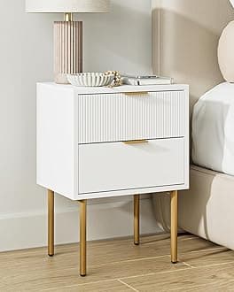 Nightstand,Small Bedside Table with Gold Frame,White Night Stand,Bedside Furniture,Side Table with 2Drawers for Bedroom,Living Room (2Drawers, White)