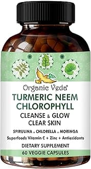 Turmeric Neem Chlorophyll, Glowing Clear Skin, Acne Supplement, Gut Health & Total Body Cleanse - Greens Antioxidants, Spirulina, Chlorella, Moringa, Vitamin C & Zinc - 60 Capsules