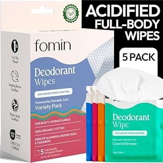 Acidified Travel Deodorant Wipes For Women & Men - 5 Count - pH Balanced, Mini Deodorant Travel Size Wipe - Plastic-Free, Individually Wrapped Underarm Body Wipes