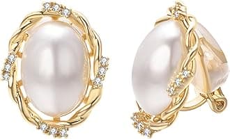 White Large Pearl Clip on Earrings for Women 18k Gold Plated Hypoallergenic Non Pierced Earrings Fashion Sparkly Jewelry