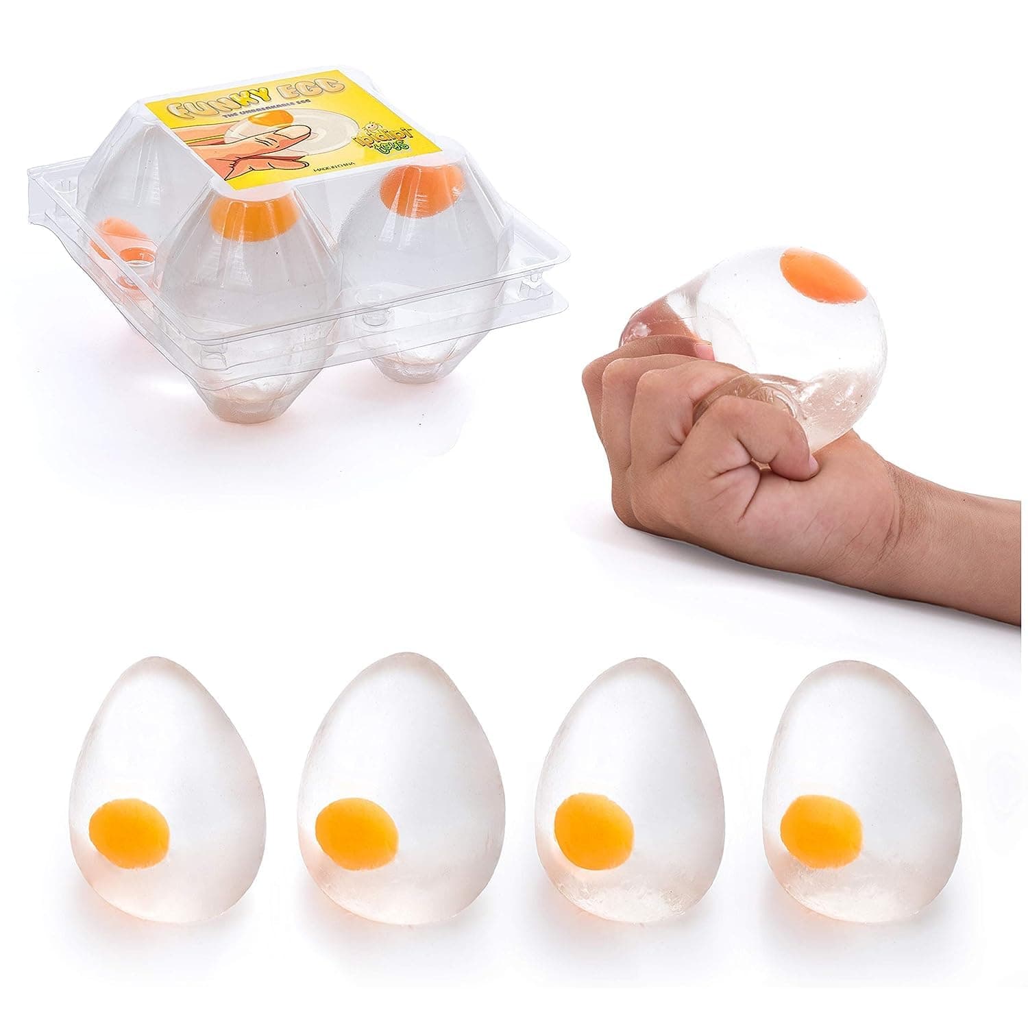 Funky Egg Squishy Ball – Clear Egg Yolk Fun Squeeze, Yolk Balls for Kids, Easter Basket Fillers, Squishies Fun Fidget Toy, Stocking Stuffers, Birthday Party Favors – Pack of 4