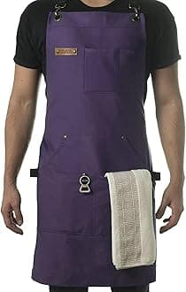 Chef and BBQ Apron with Bottle Opener and Hand Towel - 10oz Cotton Canvas, Stainless Steel Hardware - Cross Back Straps