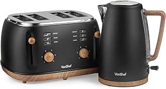 VonShef Kettle and Toaster Set – Scandi 1.7L Rapid Boil Kettle 3000W & 4 Slice Wide Slot Toaster 1500W with 6 Browning Controls & High Lift – Nordic Black and Wood Accents – Fika Range