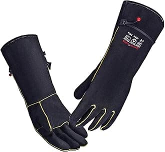 Leather Welding BBQ Fire Gloves, Fireproof Heat-Resistant Long Sleeve Mitts for TIG/MIG, Log Wood Burners, Firefighting, Barbecue, Fireplace, Oven, Stove, Grill, Animal Handling