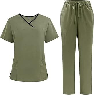 Scrubs Uniforms Women Set, Female Medical Uniforms & Scrubs Durable Short Sleeve V Neck Tunic Top and Pants with Pockets, Beauty Tunics for Women UK Nursing Workwear Suits for Beauty Center