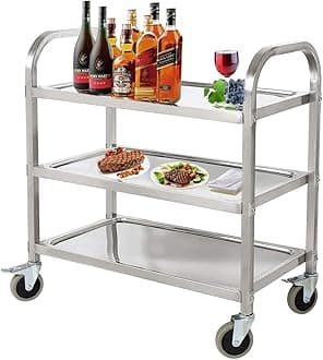 Nisorpa 3 Tier Stainless Steel Catering Trolley Wheels Utility Cart Kitchen Cart Serving Trolley with Locking Wheels for Kitchen Hotels-950 x 500 x 950MM