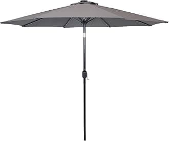 Sunnydaze 9 ft Outdoor Patio Umbrella with Solar Lights - Polyester LED Table Market Umbrella with Push-Button Tilt and Crank - Gray