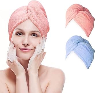 IBAMA Microfiber Hair Towel 2 Pack Dying Wrap With Button Elastic Loop Quick Dry Turban Soft Shower Towels Super Absorbent Bath Cap For All Style Women Grils 1.0 count,